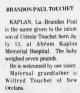 Birth Announcement of Brandon Paul Touchet