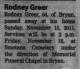 Death Notice of Rodney Milton Greer