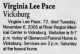 Death Notice of Virginia Lee Houston Pace