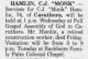 Death Notice of C. J. 'Monk' Hamlin